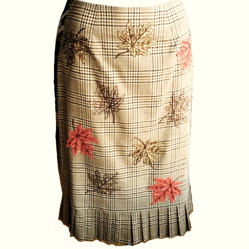 Vintage Harold's Brown Tan Plaid Floral Embroidered Wool Blend Skirt Size 2
